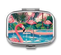 Flamingo and Swimming Pool Pill Box 2 Compartment - Small Metal Medicine Organizer Portable Pill Case for Purse Pocket Travel Vitamin Organizer for Men Women, BPA-Free