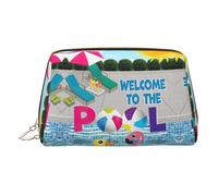 Flamingo and Swimming Pool Print Premium Leather Toiletry Travel Pouch with Waterproof Portable Pouch Open Flat Makeup Bag