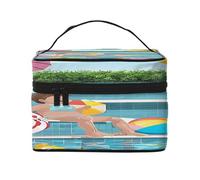Flamingo and Swimming Pool -Print Waterproof Large Cosmetic Bag for Travel & Gym, Makeup Organizer with 4 Elastic Straps & Compartments,Premium Twill Fabric.