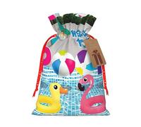 Flamingo And Swimming Pool Printing Drawstring Christmas Bag With Kraft Tag 4.7x6.9 Inch For Halloween Wrapping Gifts