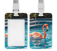 Flamingo and Swimming Pools Badge Holder with Lanyard - Waterproof Hard Plastic ID Card Holder Professional Name Tag Vertical ID Card Name Badge for Office Nurse Doctor Teacher