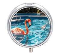 Flamingo and Swimming Pools Pill Organizer 3 Compartments, Round Small Pill Box for Purse & Pocket, Portable Daily Medicine Box to Hold Vitamins, Supplements, Pills, Fish Oil