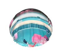 Flamingo And Swimming Pools Print Shower Cap Reusable Bath Cap Double Layer Bath Hair Caps, Keeps Hair Dry, Fits All Head