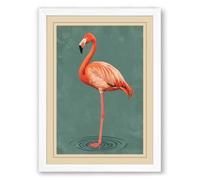 Flamingo at Water's Edge Vintage Framed Wall Art Print A1 (84.1×59.4cm) White, Wall Decor for Living Room, Bedroom, Office & Home, Ready to Hang, Art Gift