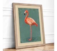 Flamingo at Water's Edge Vintage Framed Wall Art Print A1 Oak