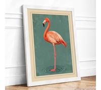 Flamingo at Water's Edge Vintage Framed Wall Art Print A1 White