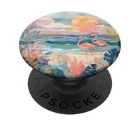 Flamingo Beach Collage with Pastel Sunset and Ocean PopSockets Adhesive PopGrip