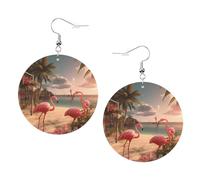 Flamingo Beach Prints Leather Round Earrings Pendant Stylish And Light Lightweight Dangle For Women Girls, One Size, Leather, No Gemstone
