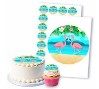Flamingo Beach Scene Tropical Vibes, 1 Round 8" & 24 2" Edible Toppers Set