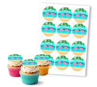 Flamingo Beach Scene Tropical Vibes, 12 Edible Paper 2.5" Cupcake Toppers