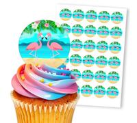 Flamingo Beach Scene Tropical Vibes, 30 Edible Paper 1.5" Cupcake Toppers