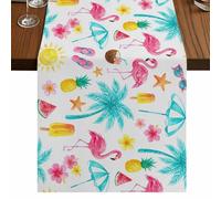 Flamingo Beach Table Runner, Summer Tropical Coastal Cartoon Birds Palm Trees Cotton and Table Linen Runner for Kitchen Dining Home Decor for Party Festival Holiday Decoration Gift 13x72in