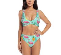 Flamingo Bikini Set for Women Front Cross Design Push Up High Waisted Two Piece Swimsuit Black