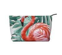 Flamingo Bird Green Leaf Printed Makeup Bag Corduroy Travel Cosmetic Bags Cosmetic Case Toiletry Bag Organizer for Women Mom Girls