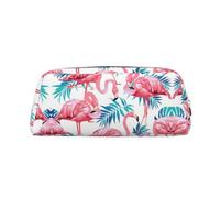 Flamingo Bird Green Leaf Printing Leather Pencil Pouch Pen Case Elegant and Practical Bag for Students Perfect for Office School
