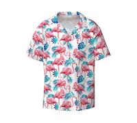 Flamingo Bird Green Plant Leaf Print Classic Short Sleeve Button Down Casual Shirt Keep Cool Relaxed Summer Activities, Black, Medium