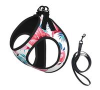 Flamingo Bird Green Plant Leaf Print Harness Leash Set For Cats And Dogs, Reflective Adjustable, Soft Breathable Mesh Vest With Escape-Proof Lead, For Small Pets And Kitten Puppies