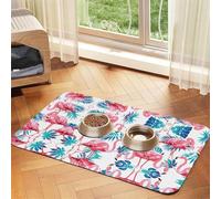 Flamingo Bird Green Plant Leaf Print Pet Food Mat Absorbent Non Slip PU Leather Feeding Mat for Dogs Cats Rubber Bottom