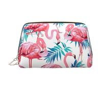 Flamingo Bird Green Plant Leaf Printed Zippered Toiletry Bag, Wide Open Storage Case for Personal Care Items and Cosmetics