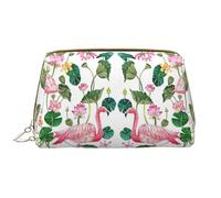 Flamingo Bird Round Leaves Leather Hand-Held Zipper Makeup Bag Pen Case Stationery Box Lipstick Pouch Toiletry Bag