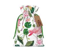 Flamingo Bird Round Leaves Printed Christmas Drawstring Bags with Green Christmas Ribbon - Reusable Burlap Drawstring Gift Pouches, S