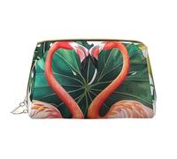 Flamingo Bird Round Leaves Printed Makeup Bag for Women Portable Leather Make up Bag Travel Zipper Cosmetic Bags Organizer