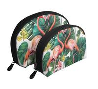 Flamingo Bird Round Leaves Printed Makeup Bags 2-Piece Portable Shell Travel Toiletry Bag Cosmetic Organizer Bag for Women