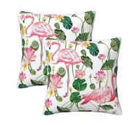 Flamingo Bird Round Leaves Printed Pillow Case Set Of 2 - Square Cushion Cover Modern Pillowcase 50x50 Cm