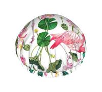 Flamingo Bird Round Leaves Printed Reusable Shower Hats, Double Layer Headgear For Spa And Salon, Large Hair Wrap
