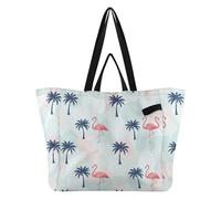 Flamingo Blue Palm Tree pattern Reusable Canvas Tote Bag, Heavy Duty Grocery Shopping Bag with Large Capacity Double Handles Hard Bottom Work Groceries Travel