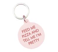 Flamingo Candles Feed Me Pizza and Tell Me I'm Pretty Keytag, Pastel Pink, Acrylic, Novelty Slogan Design, Silver Keyring, 5cm x 4.3cm