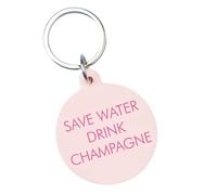 Flamingo Candles Save Water Drink Champagne Keytag, Pastel Pink, Acrylic, Engraved Slogan Design, 5cm x 4.3cm, with Silver Keyring and Backing Card