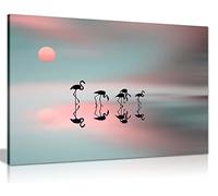 Flamingo Canvas Wall Art, Framed, Ready to Hang on a Fixing of Your Choice | Panther Print, Pink and Blue, Pictures for Hallway Stairs Bedroom Living Room, Pine Frame, UV-Resistant, 18x12in