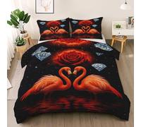 Flamingo Duvet Cover Set Twin Size, Diamond Red Rose Bedding Set, Starry Sky Comforter Cover with 2 Pillow Shams, Comfy Breathable Lightweight Romantic Theme Comforter Cover