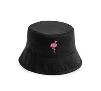 Flamingo Embroidery Bucket Hat | Tropical Bird Sun Hat for Adults | Unisex Cotton Twill Festival Headwear Black
