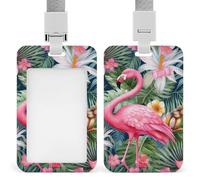 Flamingo Floral Pattern ID Badge Holder with Lanyard Vertical Badge Reel Clip Durable Clear Window Name Tag ABS Plastic Push-Pull Design ID Card Holder for Office, Nurses, Employees