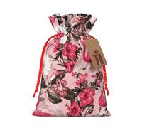 (Flamingo Floral Printed) Christmas Burlap Gift Bags, Eco-Friendly Polyester Drawstring Pouches For Holiday, Birthday & Party Gift Packaging S