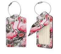 Flamingo Floral Printed Luggage Tag 1 PCS PU Leather Suitcase Tags Identifiers Travel Tags with Privacy Protection and Stainless Steel Loop Luggage Bag Tag for Women Men