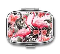 Flamingo Floral Printed Pill Box 2 Compartments Portable Travel Pill Case Mini Medicine Organizer for Pocket Purse Metal Waterproof Medicine Container Holder Vitamin Fish Oil