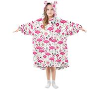 Flamingo Flower Pattern Kids Wearable Blanket Hoodie Flannel Dressing Sleepwear with Pocket for Toddler Kids 3-14YR