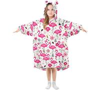 Flamingo Flower Pink Kids Oversized Blanket Hoodie Fleece Wearable Hooded Blanket Dressing Gown Boys Girls