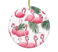 (Flamingo Flowers) Christmas Tree Ceramic Hanging Round Pendant Xmas Tree Hanging Ornament For Home Holiday Party Decorations