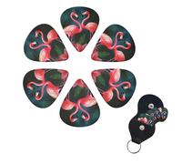 Flamingo Flowers Guitar Picks 6 Pack, 0.46mm Thickness Celluloid Bass Pick with Leather Guitar Pick Holder Keychain Abstract Art Pics Plectrum for Acoustic Electric Guitar, Ukulele, Bass