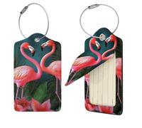 Flamingo Flowers Luggage Tag PU Leather Suitcase Tags Identifiers Travel Tags with Privacy Protection and Stainless Steel Loop Luggage Bag Tag for Women Men, Black, 1