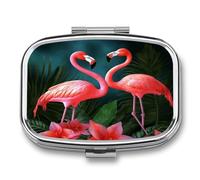 Flamingo Flowers Pill Organizer with 2 Compartments Metal Square Pill Case Small Pill Box Portable Medicine Box Slim Travel Pill Container Medicine Organizer for Daily Use