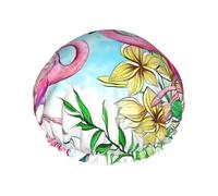 Flamingo Flowers Print Shower Cap Reusable Bath Cap Double Layer Bath Hair Caps, Keeps Hair Dry, Fits All Head