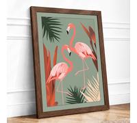 Flamingo Garden Tropical Framed Wall Art Print A4 (29.7×21cm) Walnut, Wall Decor for Living Room, Bedroom, Office & Home, Ready to Hang, Art Gift