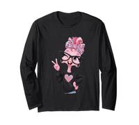 Flamingo Girl Winking Peace Sign Pink Pop Graphic Playful Long Sleeve T-Shirt