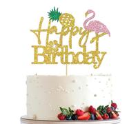 Flamingo Happy Birthday Cake Topper, Glitter Pineapple Flamingo Cake Decorations for Tropical Hawaiian Luau Theme Baby Shower kids Birthday Party Supplies