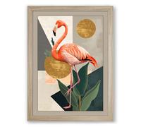 Flamingo in Geometry Modern Framed Wall Art Print A4 (29.7×21cm) Oak, Wall Decor for Living Room, Bedroom, Office & Home, Ready to Hang, Art Gift